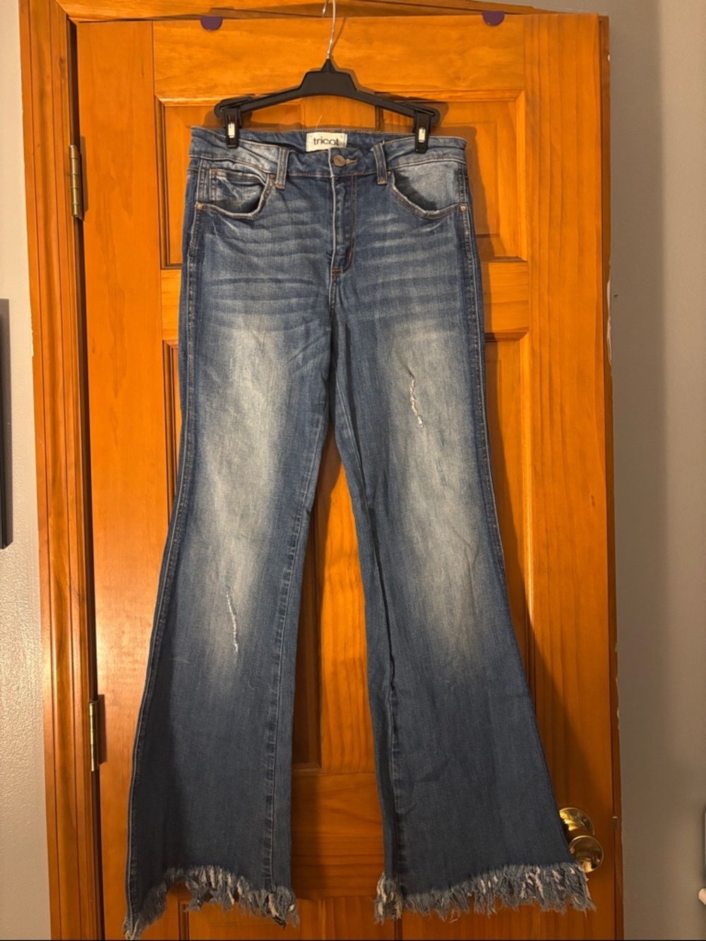 Blue Distressed High-Rise Wide Leg Jeans